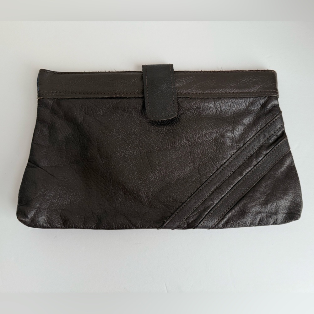 Vintage 70s 80s Brown Leather Clutch Retro Snap Closure Hong Kong